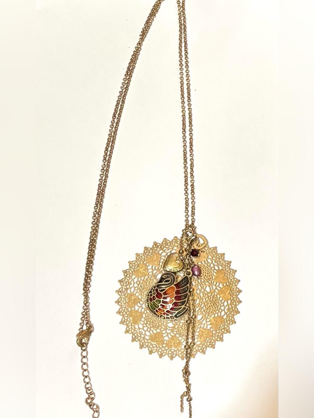 Vintage Gold-Tone Enamel Swan Pendant Necklace with Red and Green Accents